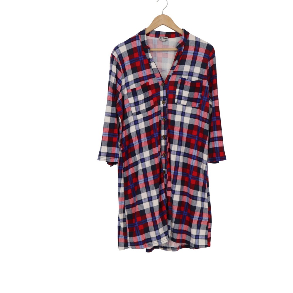 J for Justify XL Red Navy Blue White Plaid Button Front Tunic Shirt 3/4 Sleeve